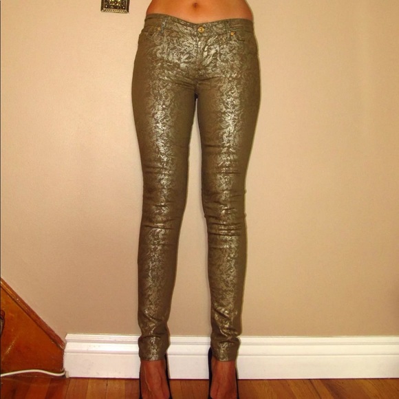 7 For All Mankind Gold Leaf Coated Skinny Jeans Size 25 Stretch - Picture 5 of 7